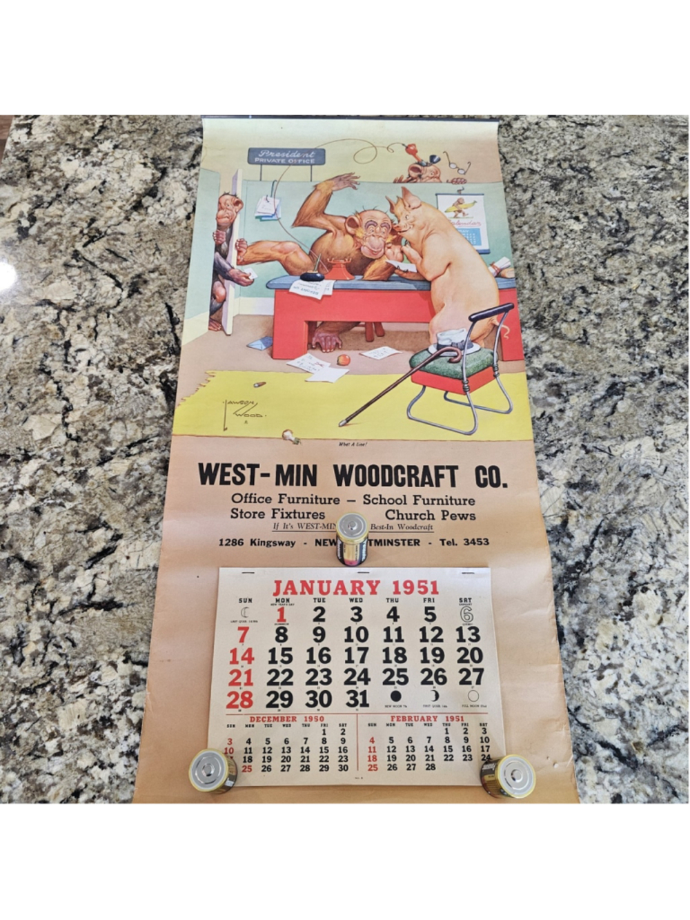 Vintage 1951 Lawson Wood Calendar West-Min Woodcraft New Westminster BC 33x16